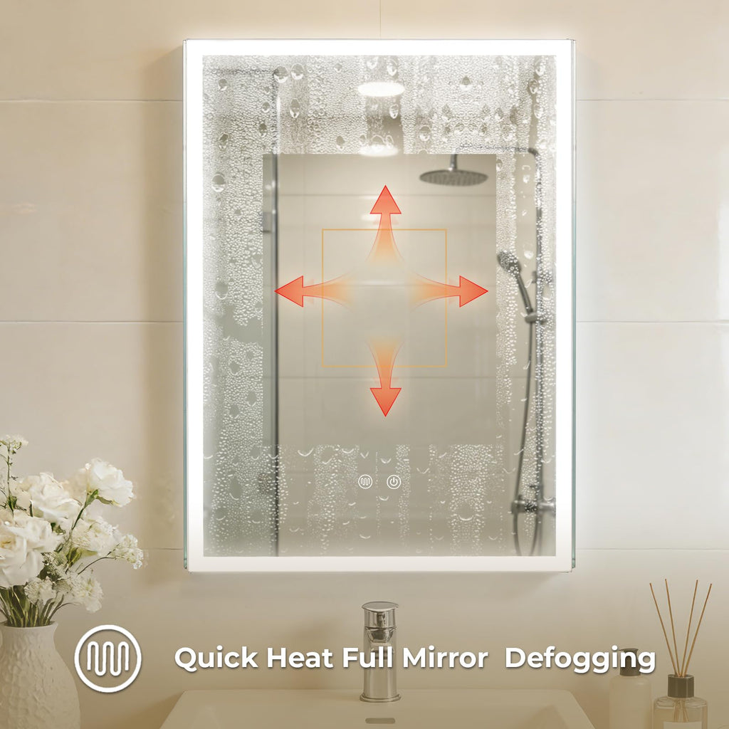 20 x 28 LED Bathroom Medicine Cabinet, Square Lighted Mirror Cabinet with 3-Color Dimmable Lighting, Memory Function