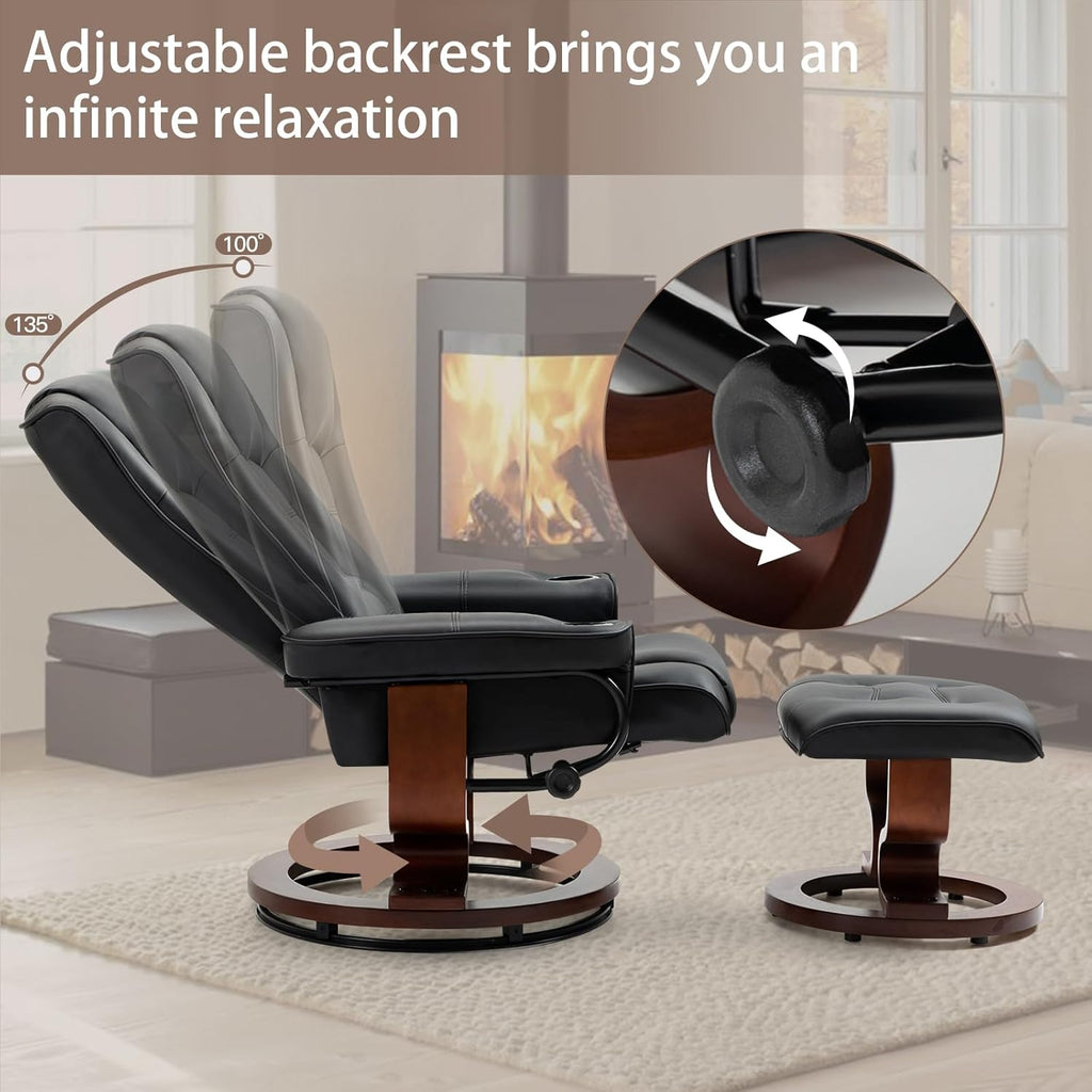 Modern Reclining Swivel Lounge Chair and Ottoman — Black Faux Leather