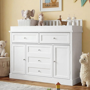 46" Baby Dresser with Changing Table Top, White Dresser with Storage Drawers and Doors, Multifunctional Nursery Baby