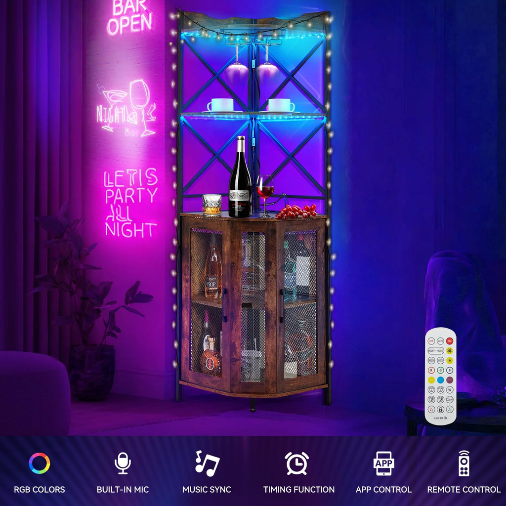 Corner Bar Cabinet with Built-in AC Charging Socket, 5-Tiers Wine Bar Cabinet with Ambient LED Lighting and Glass