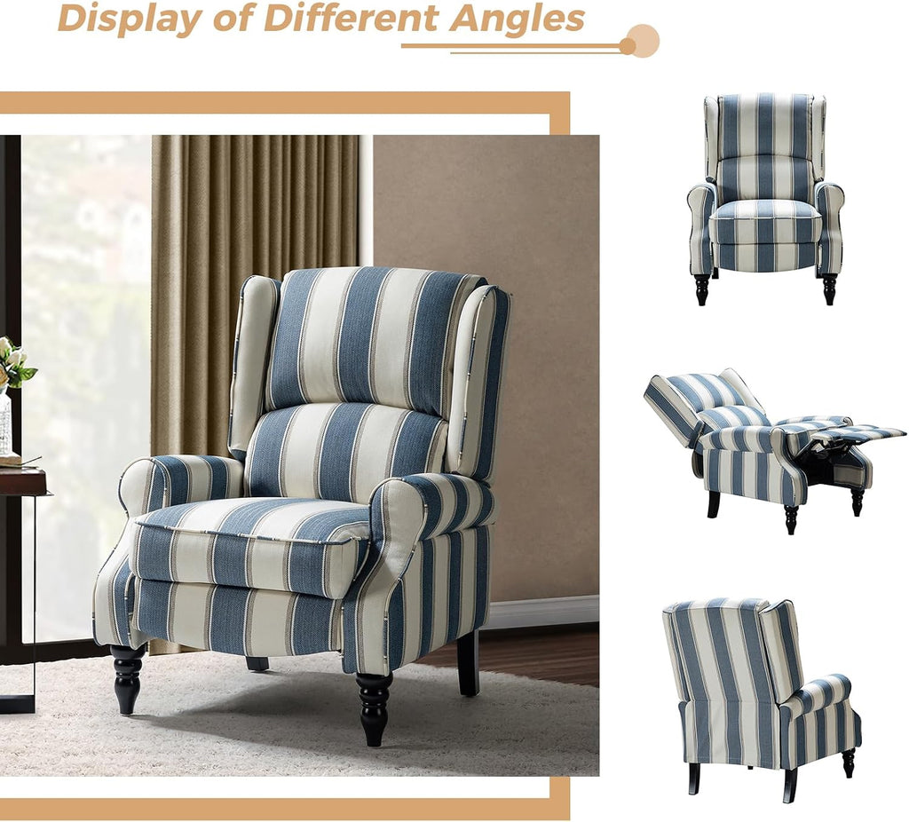 Upholstered Wingback Recliner Chair, Small Adjustable Footrest Push Back Single Reclining Sofa, Mid Century Modern