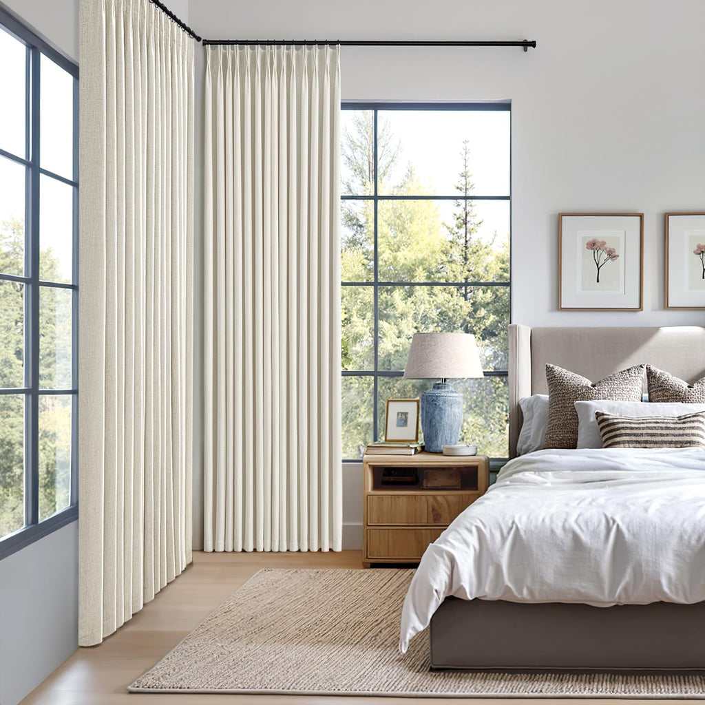 Natural Pinch Pleated 100% Blackout Linen Curtains, Room Darkening Light Blocking Window Curtains