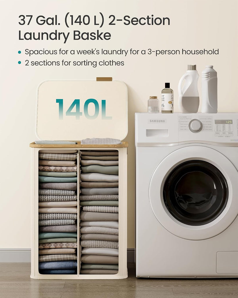 Laundry Hamper, Laundry Basket with Lid, Foldable Storage Basket, Bamboo Frame, Oxford Fabric, 37 Gal. (140 L), Cream