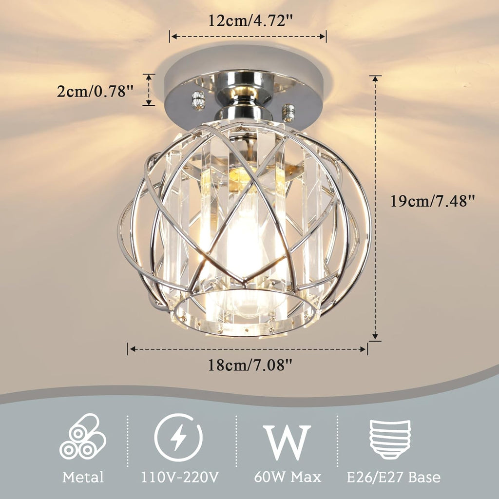 Hallway Light Fixtures Ceiling,Modern Chrome Crystal Ceiling Lights Fixture, Semi Flush Mount E26 Small Hallway