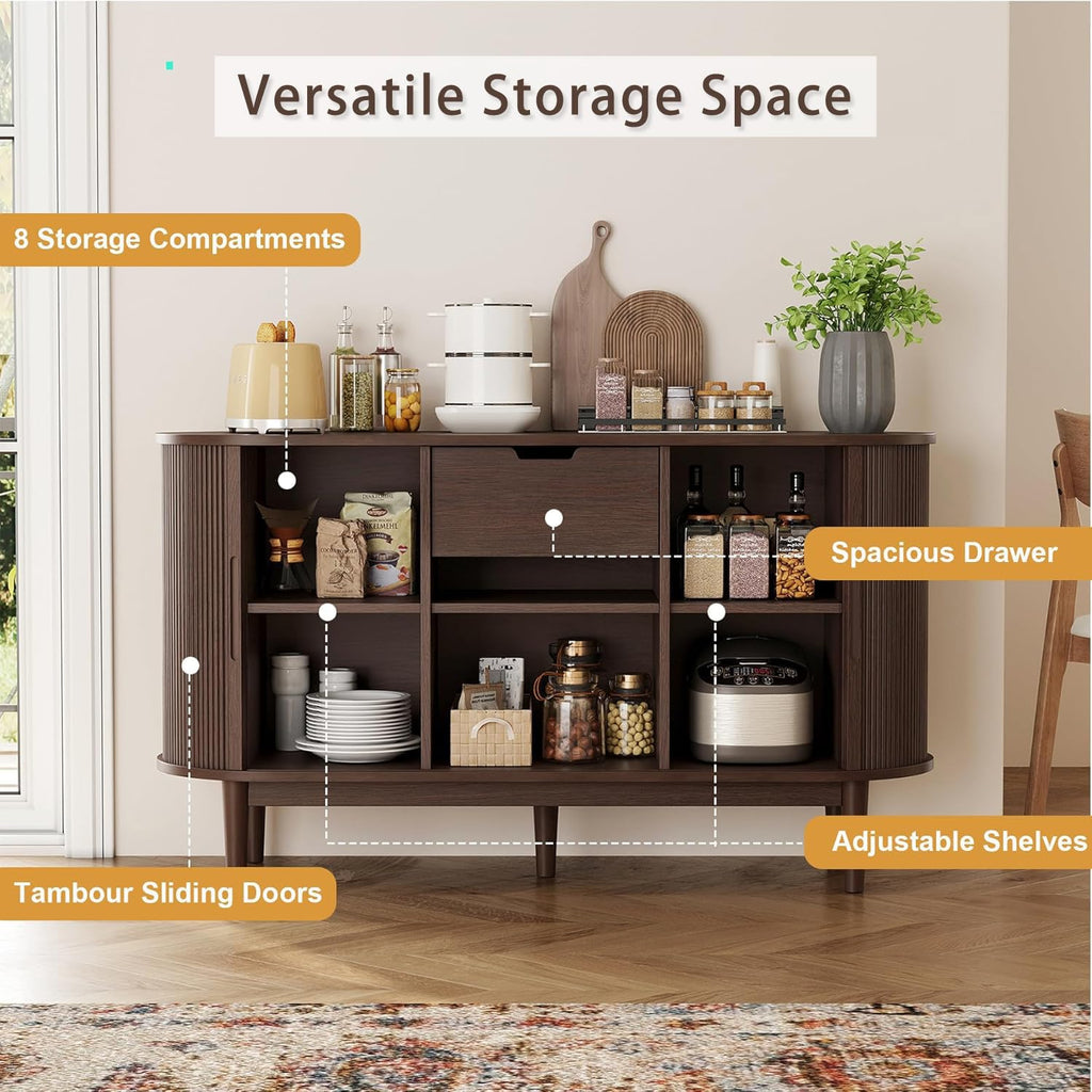 Sideboard Buffet Cabinet with Storage, 55" Fluted Coffee Bar Cabinet with Tambour Sliding Doors and Drawer, Mid