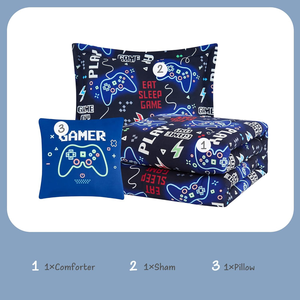 Kids Comforter Set for Boys, Glow in The Dark Gamer Bedding Set 1 Comforter, 1 Decor Pillow, 1 Pillow Sham