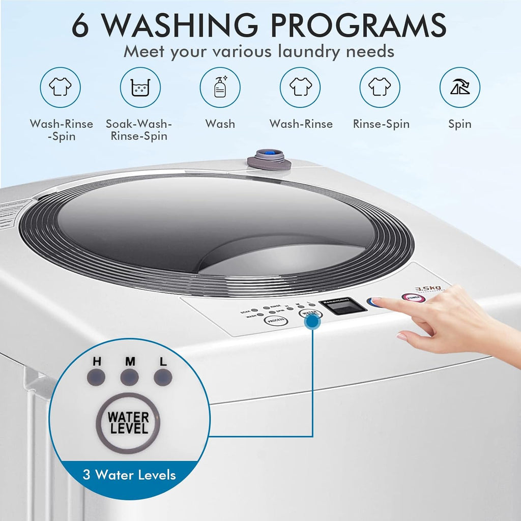 Portable Washing Machine, 8Lbs Capacity Full-automatic Washer with 6 Wash Programs, LED Display, 3 Water Levels
