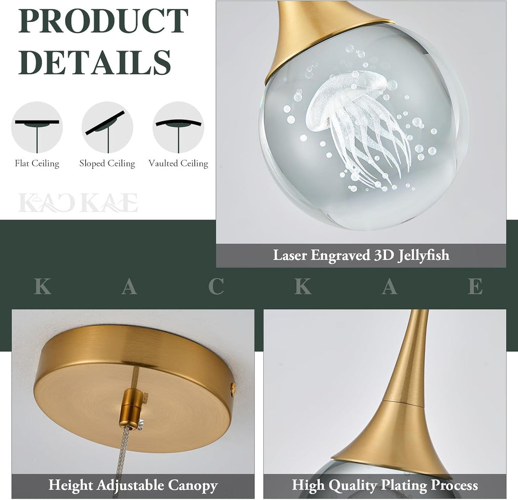 LED Pendant Light Kitchen Island Jellyfish Crystal Pendant Lights Dimmable Gold Modern Hanging Light for Bedroom