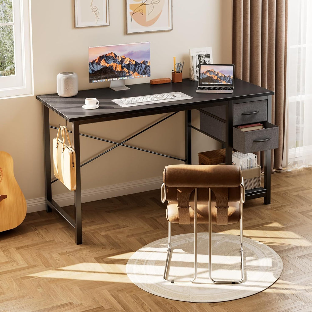47 Inch Computer Desk with Drawers, Writing Desk with X-Shaped Reinforcement
