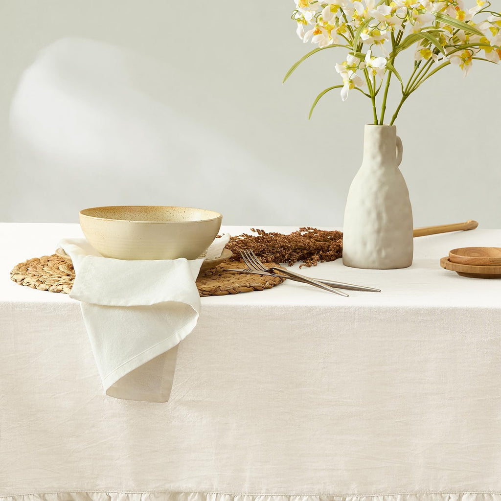 Ruffle Farmhouse Rustic Rectangle Natural Stonewashed Cotton Tablecloth (60x120 inch, White)