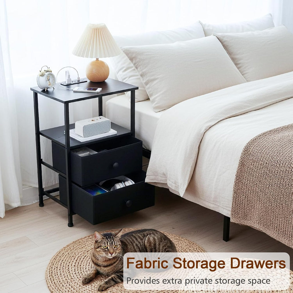 Night Stand Set 2, LED Nightstand with Charging Station, End Tables with Storage Shelf, Bed Side Table with 2 Fabric