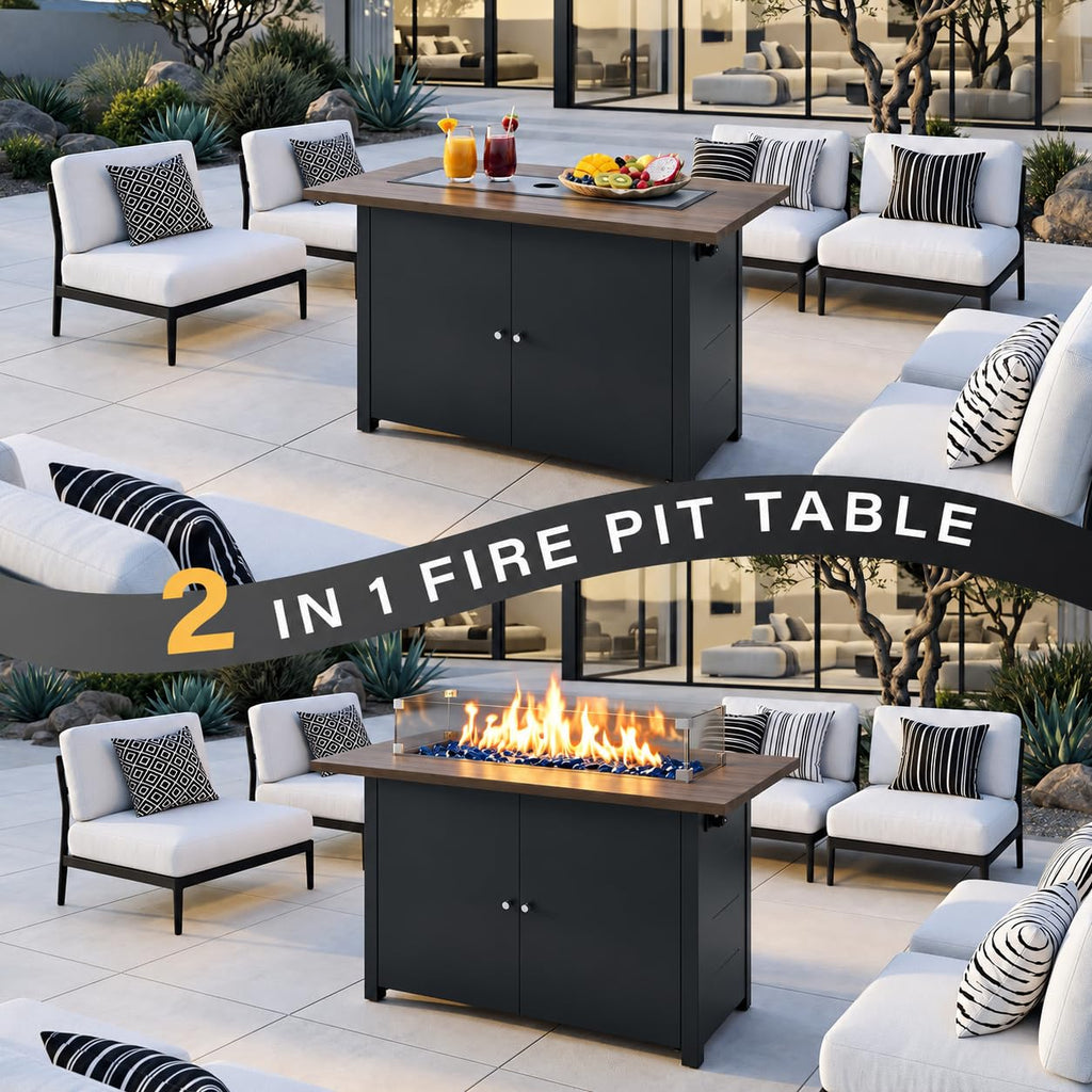 Propane Fire Pit Table 43 Inch with Lid, 60, 000 BTU Gas Fire Pits for Outside Patio with Glass Wind Guard, Dark Black
