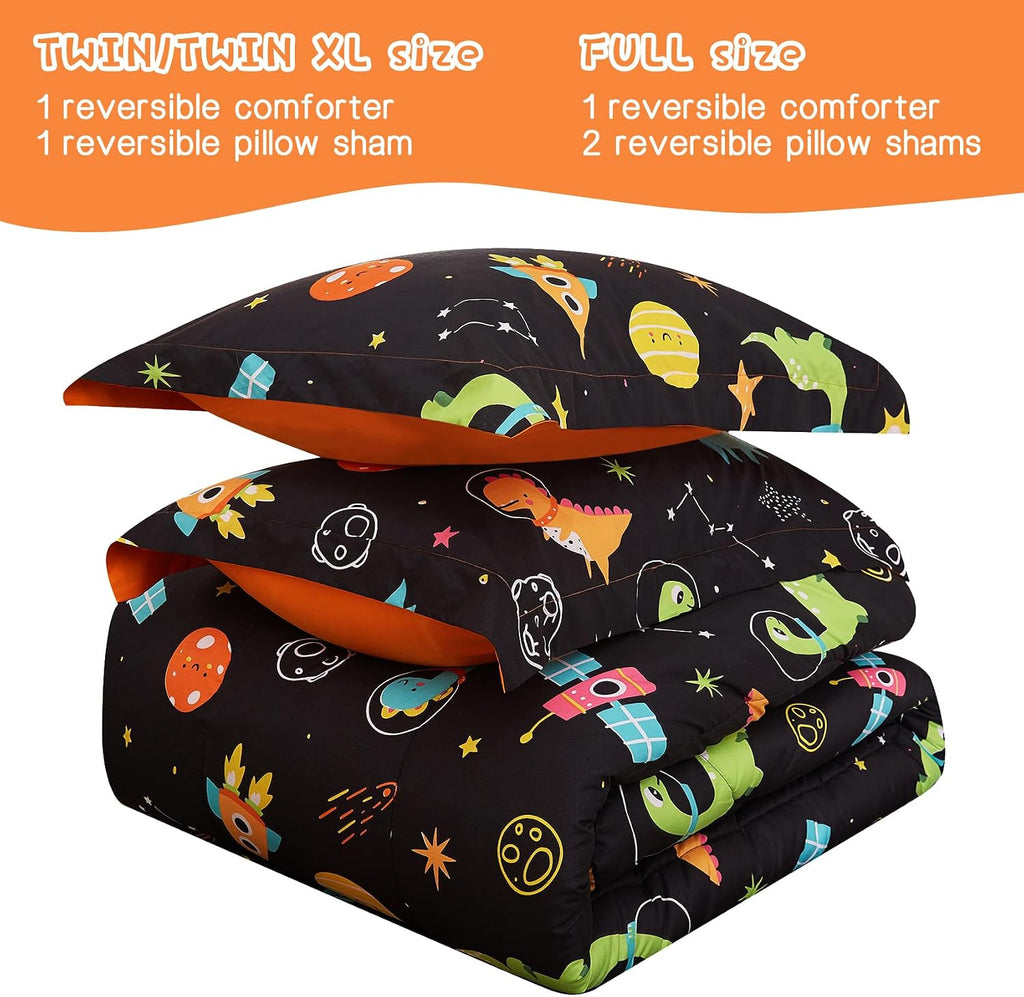Space Dinosaur Kids Comforter Set for Boys, Cute Quilted Black Printed Bedding Set with Pillow Sham, Lightweight