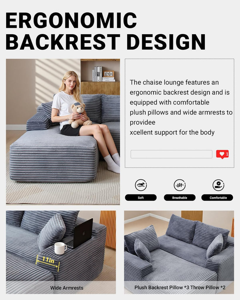 108" Cloud Boneless Couch, L-Shaped Sectional Sofa, Grey