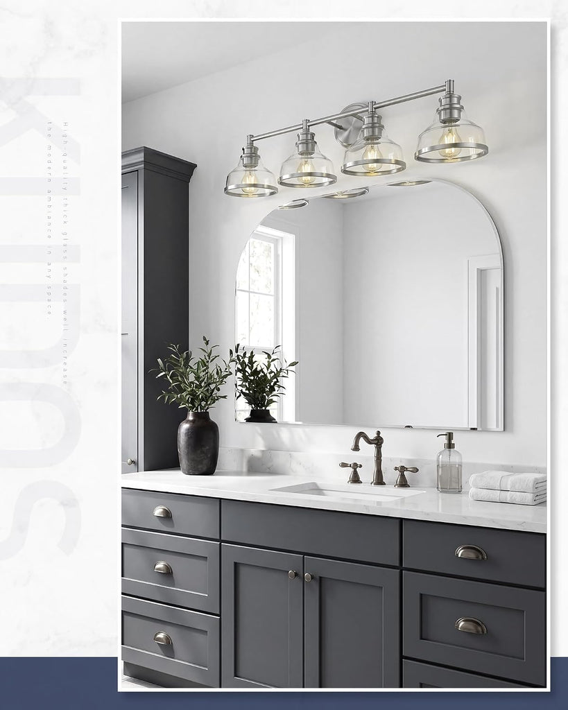 4-Light Brushed Nickel Vanity Light, Clear Glass Shade | 33" bathroom light fixtures over mirror, upward or downward