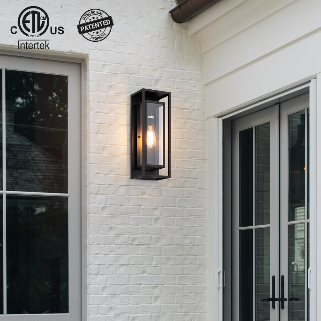 18" Classic Outdoor Wall Sconce 1 Light in Matte Black Rectangular Metal Frame and Clear Glass Shade Waterproof Porch