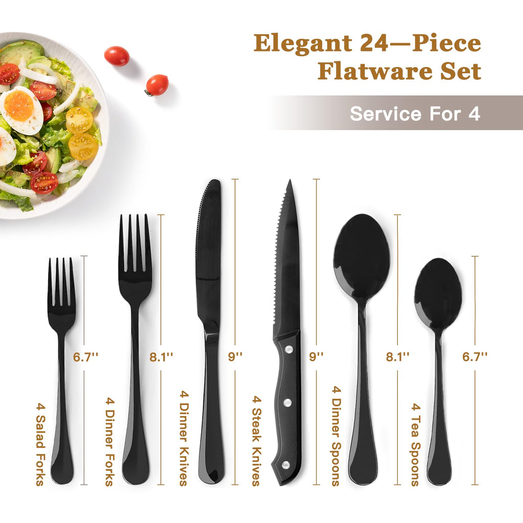 Black Silverware Set with Steak Knives Flatware Set for 4 Food-Grade Stainless Steel Cutlery Set Mirror