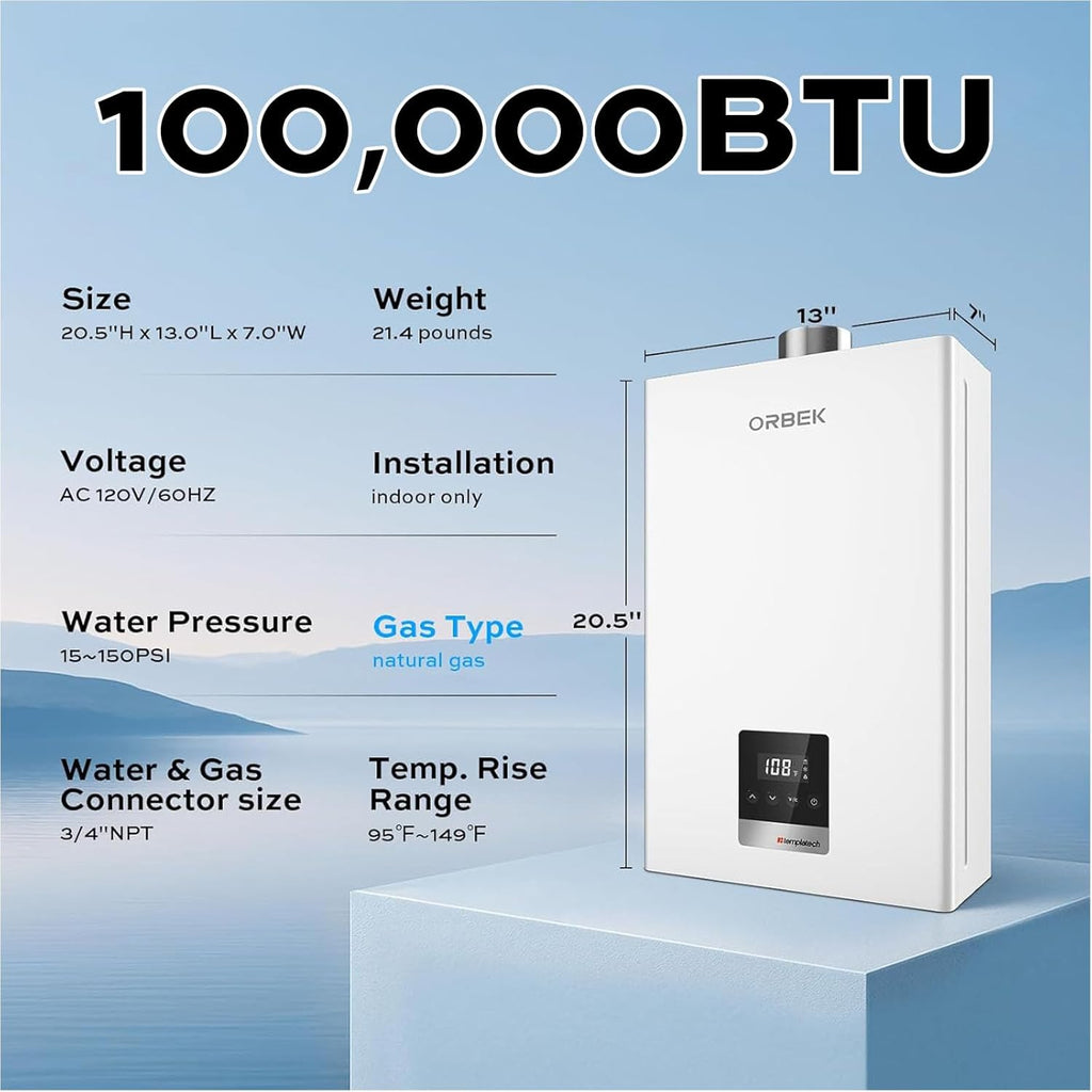Tankless Water Heater Natural Gas Indoor, 4.3 GPM 100, 000 BTU Instant Hot Water Heater for 2-3 Fixtures