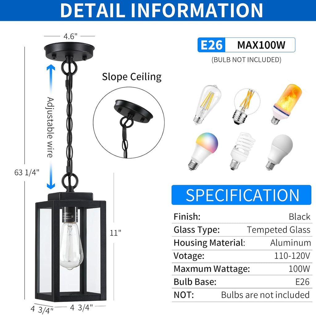 Outdoor Pendant Lights for Porch, 11'' Outdoor Hanging Lantern Lights Modern Outside Chandelier