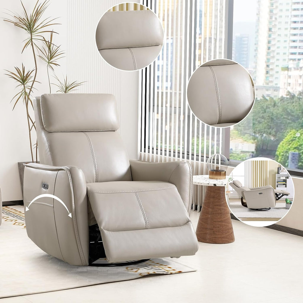 Power Swivel Rocker Recliner Chair with USB Port, Wide Seat, Head & Lumbar Support, Upholstered Glider Chair, Silver