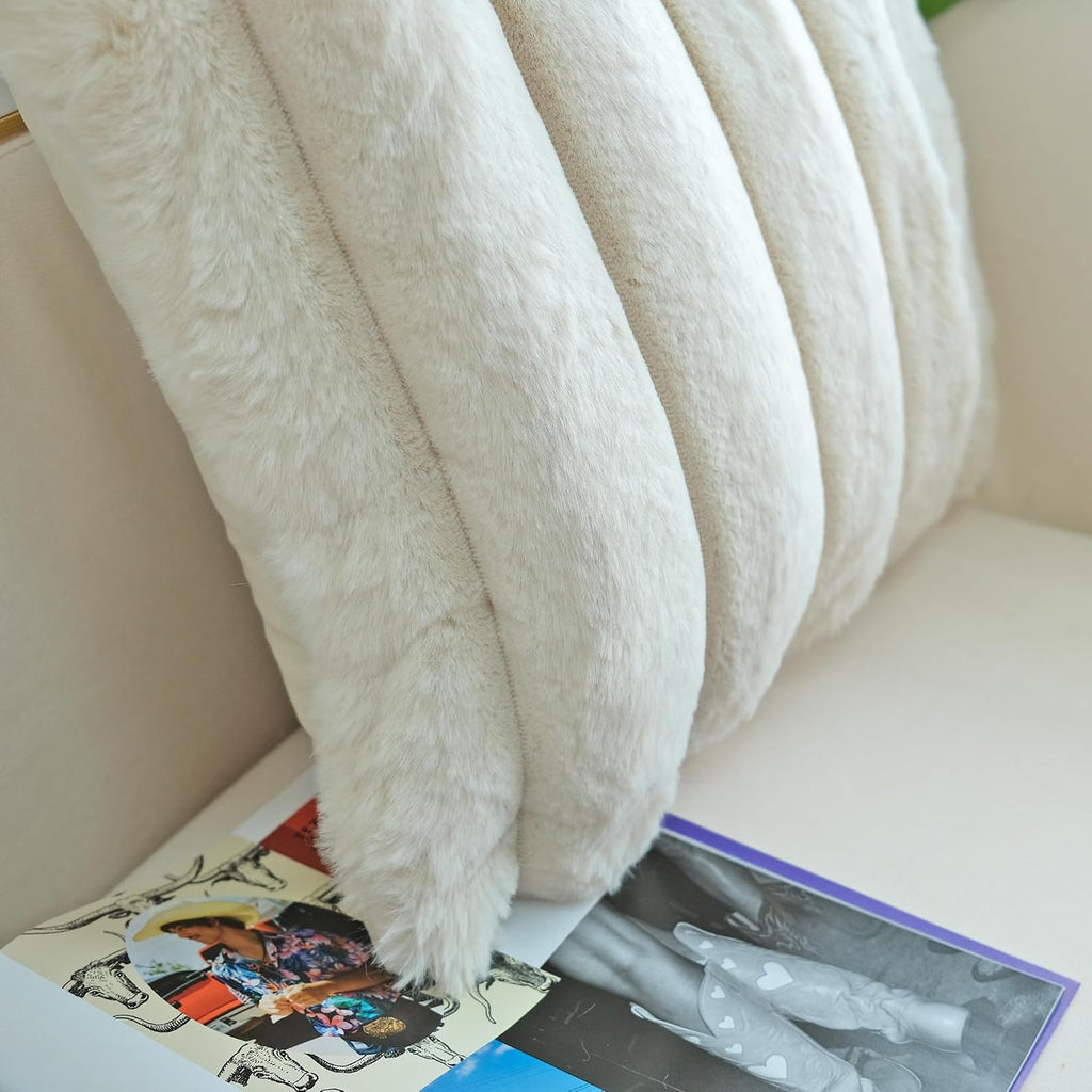 Pack of 2 Faux Fur Plush Decorative Throw Pillow Covers Couch Cushion Case Soft Fluffy Pillowcases Wide Stripe