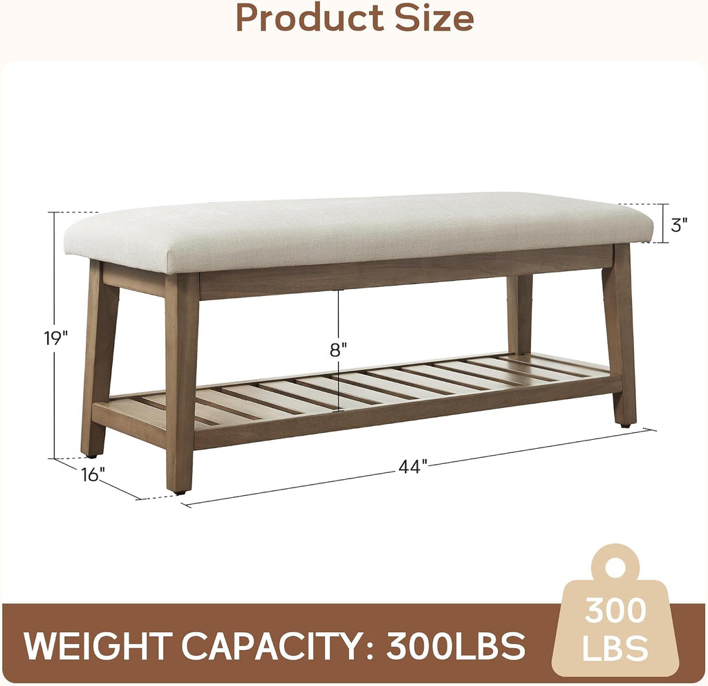 Entryway Bench, Chenille Upholstered Shoe Benches , Ottoman Bench with Solid Wood Shelf, Storage Benches (Beige)
