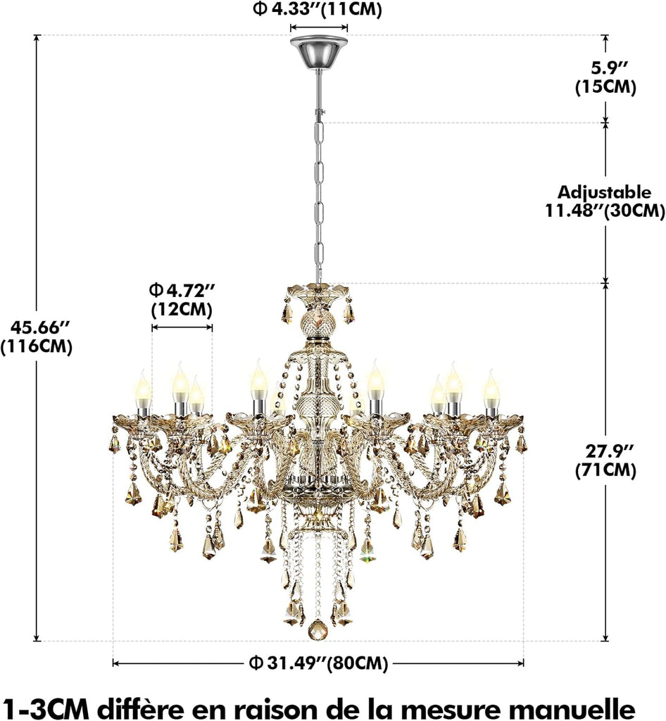 10-Light Crystal Chandelier Cognac/Champagne Modern Chandelier K9 Crystal Candle Pendant Ceiling Lighting Fixture, Chandeliers for Dining Room Home DŽcor