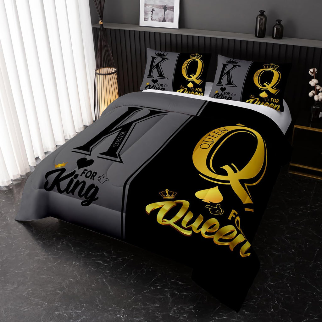 King and Queen Crown Comforter Set Black and Gray Couple Bedding Set，3Pcs Mr Mrs Comforter Set for Adults Couple Men