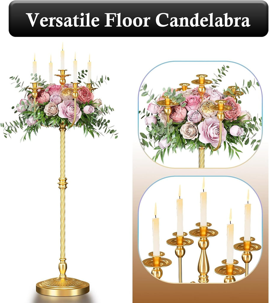 2 Pcs Floor Candelabra 50 Inch Gold Candelabra Centerpiece 5 Arms Floor Standing Candelabra Gold Candlestick Holder