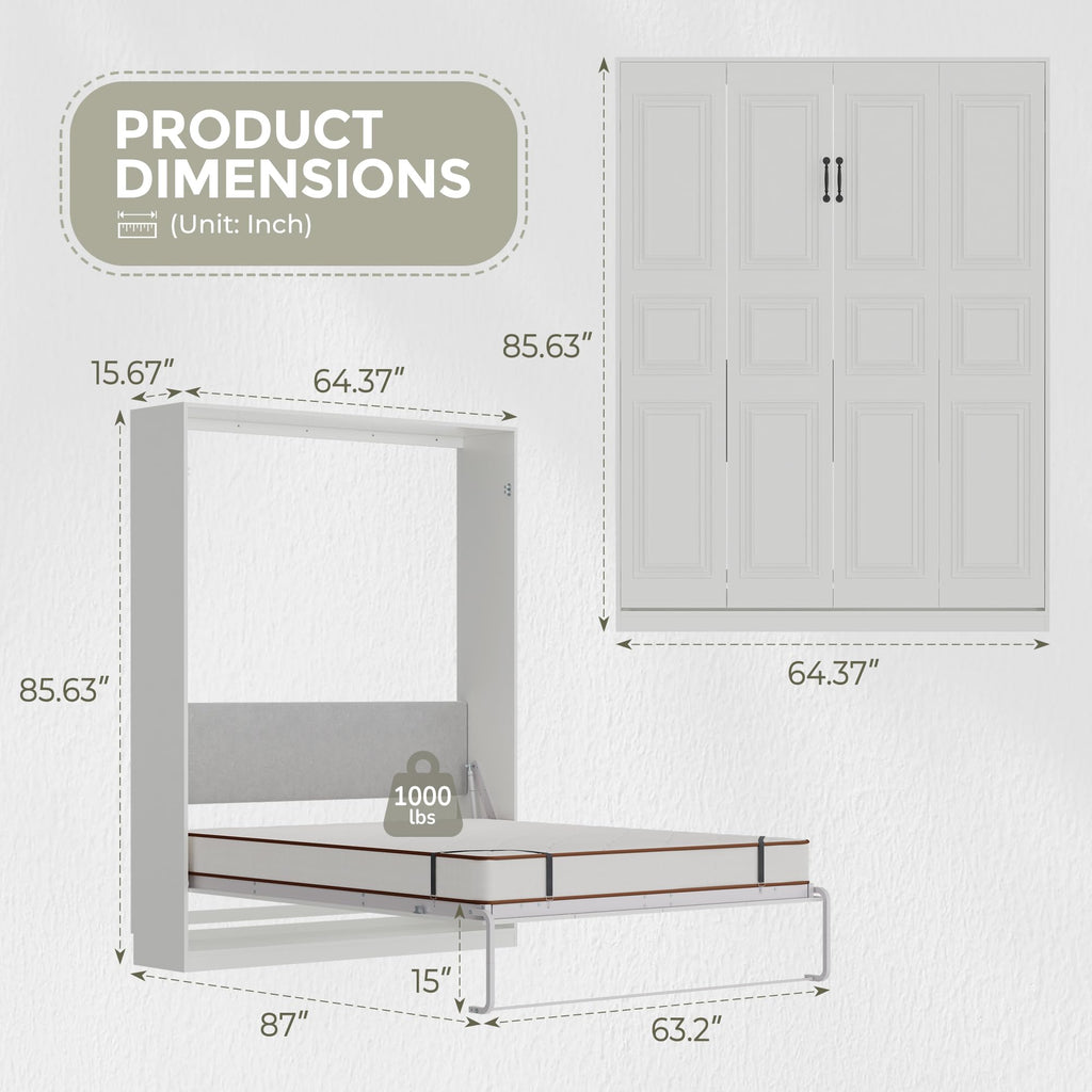 Vintage Murphy Bed Queen with Baseboard Grooves, 85" Hidden Wall Bed, Vertical Murphy Bed Twin, Features a Hydraulic