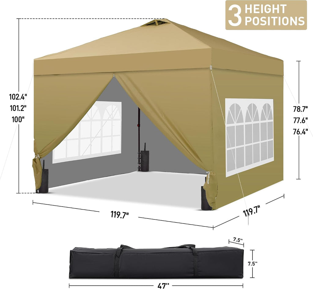 10'x10' Pop Up Canopy Tent, Portable Gazebo, Easy Up Outdoor Canopy for Events, Parties, Camping, Brown.