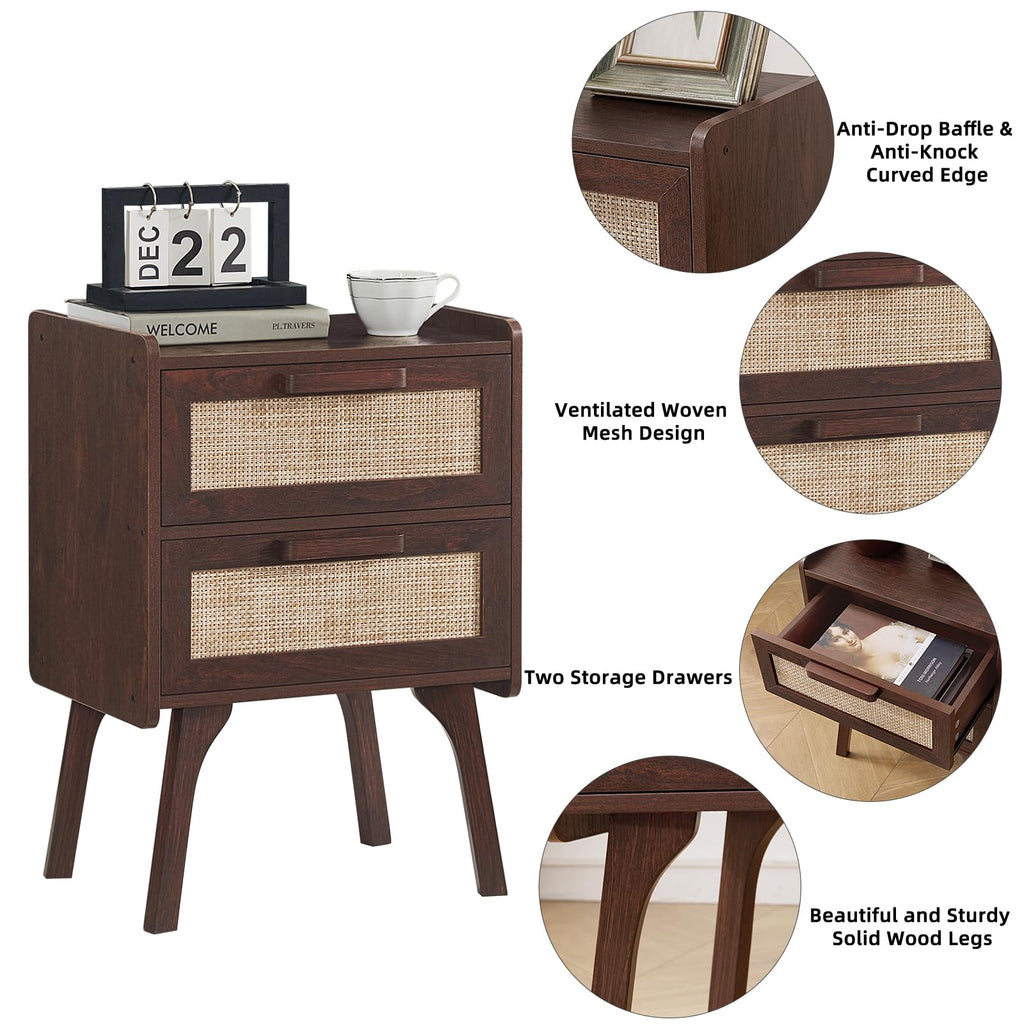 Rattan Nightstands Set of 2, 2 Drawers