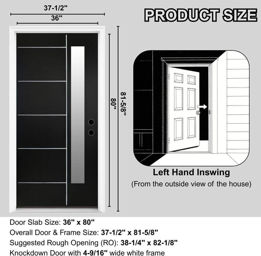 36'' x 80" Fiberglass Entry Door with 4-9/16" Width White Frame, Black Exterior Door with Frosted Glass, Modern Front