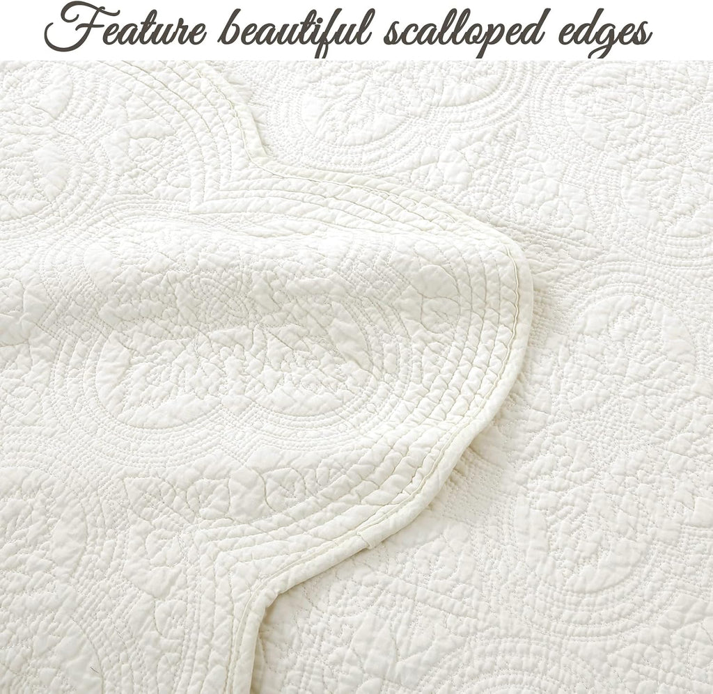 100% Cotton Medallion Off White Matelasse Embossed Bedding Quilt Set, Reversible Lightweight Bedspread, Coverlet for