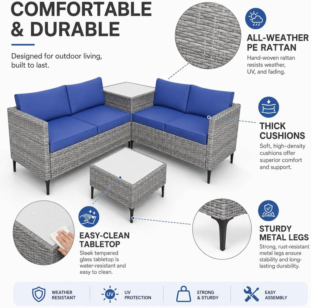 All-Weather PE Rattan Patio Furniture Set, 4 Piece Outdoor Sectional Sofa Couch with Storage Coffee Table, l-Shaped