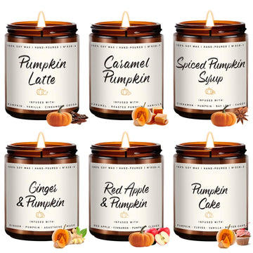 Scented Candles - Pumpkin Candle Set of 6 | Ginger, Apple, Cake, Caramel, Latte & Spiced Pumpkin Soy Candles