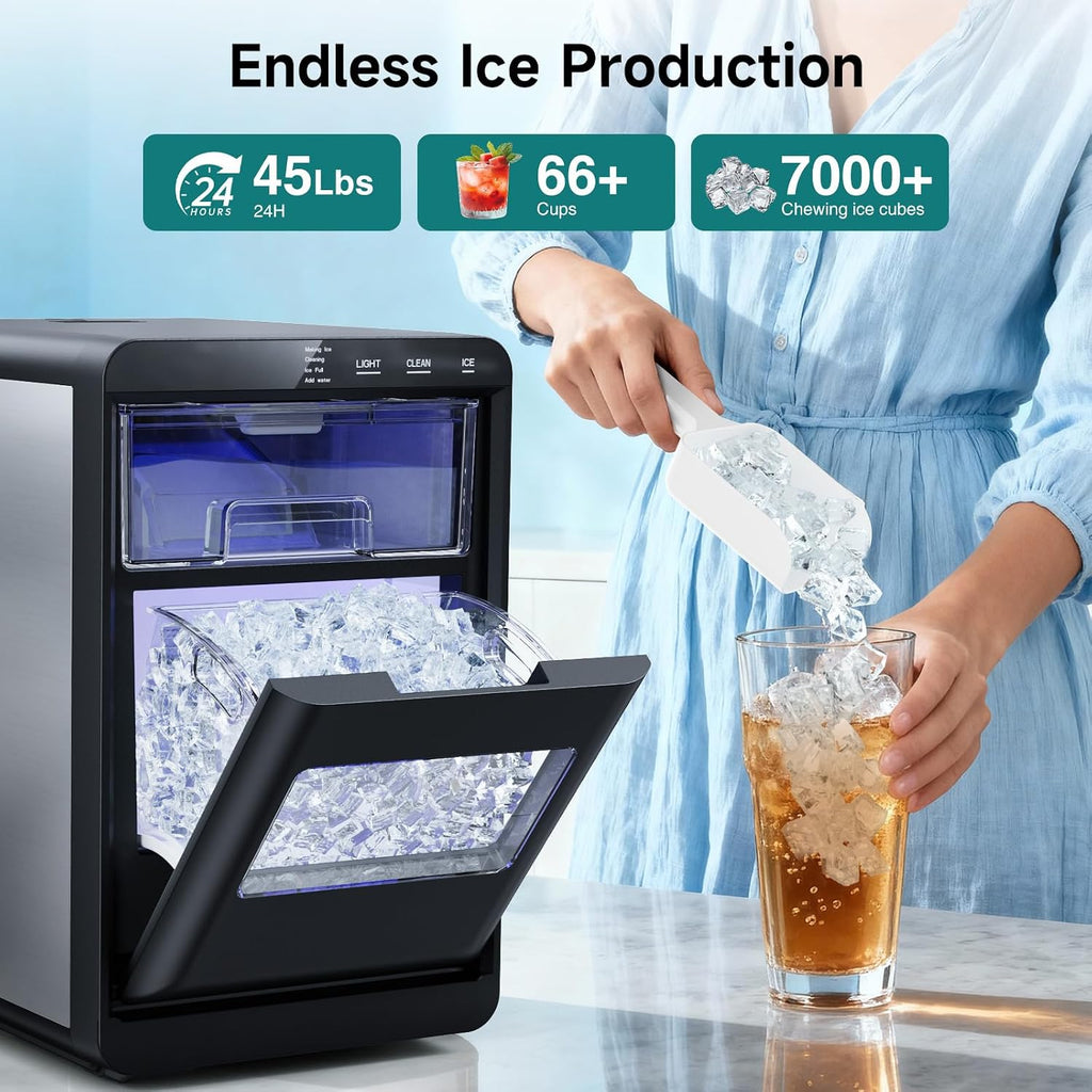 ETL Approval Nugget Ice Maker Countertop, 45Lbs/24H Pebble Ice Maker with Water Tank, Soft Chewable Pellet Ice