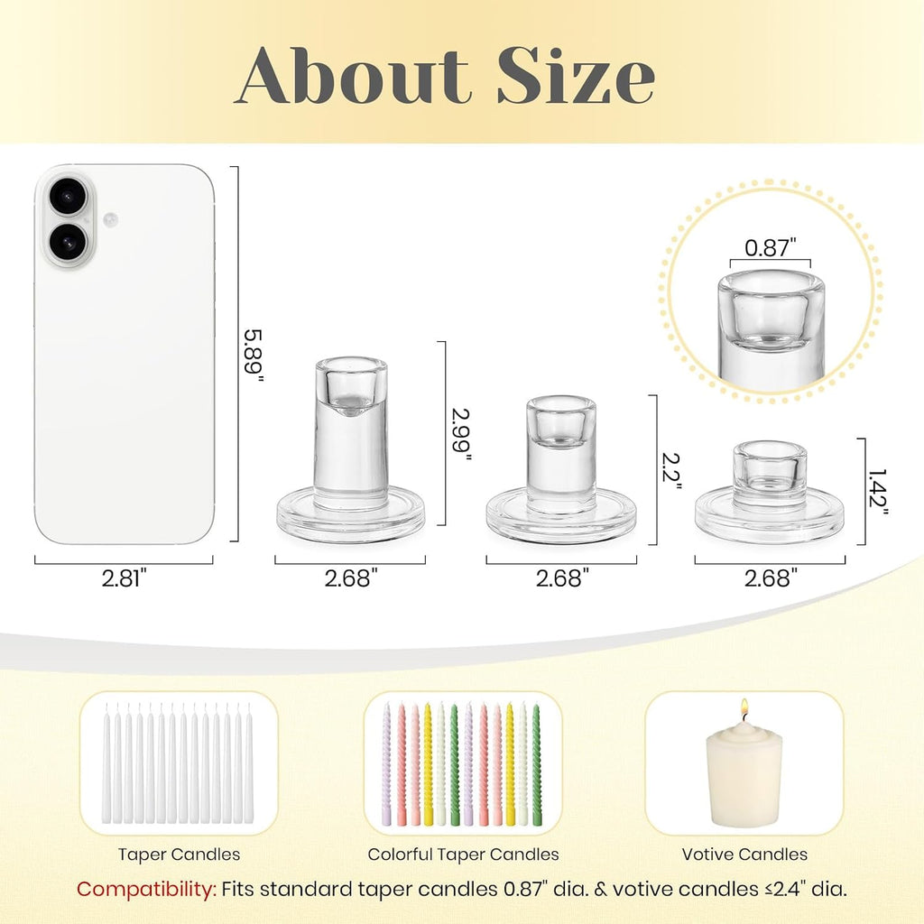 Clear Taper Candle Holders Bulk: 9PCS Glass Candlestick Holders | For 0.86" Taper Candles, 3 Sizes, Candle Sticks