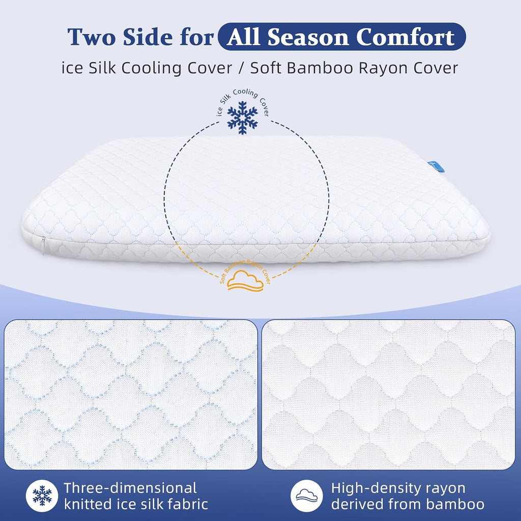Ultra Thin Flat Pillows for Sleeping Standard Size Set of 2, Cooling Memory Foam Pillow 2.75 inch Height Ultra Thin