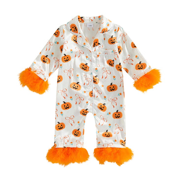 Baby Girl Boy Silk Satin Pajamas Feather Trim Button Down Romper Bodysuit (Pumpkin-Beige, )