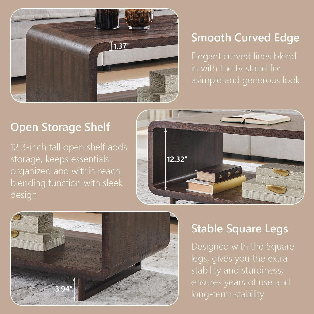 48" Modern Coffee Table, 2-Tier Curved Center Table, Dark Walnut