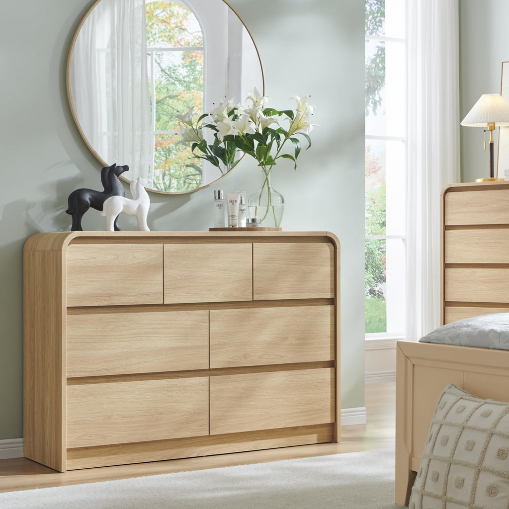Modern 7 Drawers Dresser , 47" Wide Wood Dressers & Chests of Drawers w/Curved Profile Design, Mid Century Modern