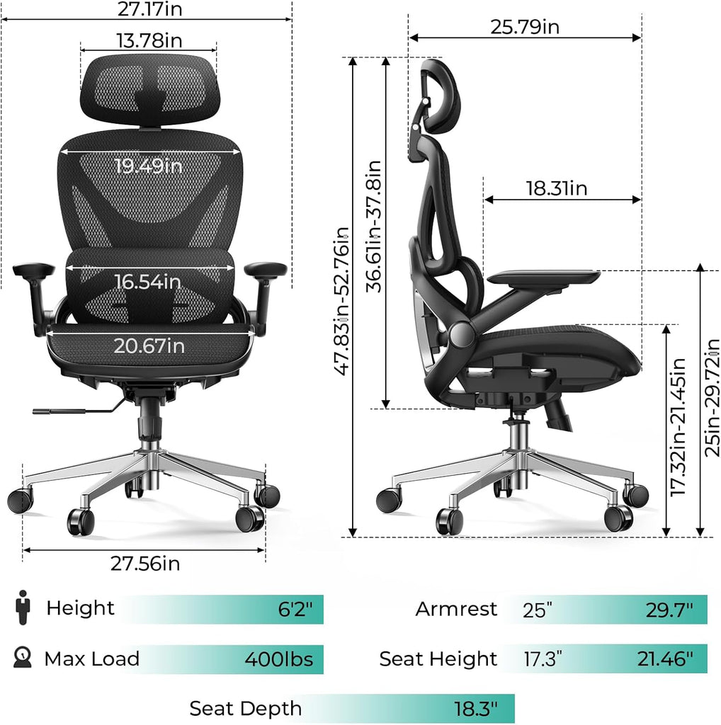 Ergonomic Mesh, Adjustable Lumbar High Back Desk Chair 400lbs, 4D Flip-up Arms, 3-Level Tilt Backrest, 3D Headrest