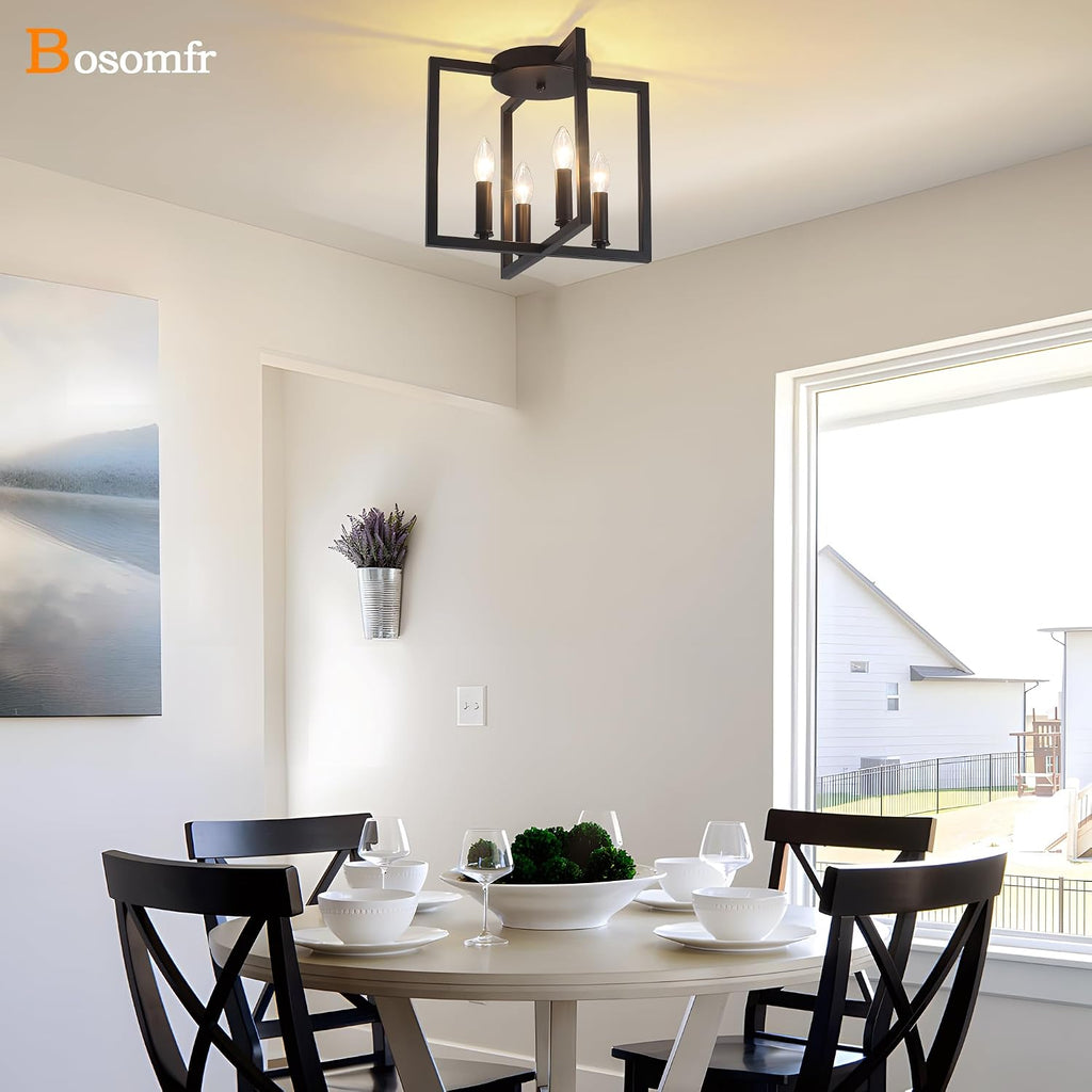 Semi Flush Mount 4-Light Black Ceiling Light, Modern Farmhouse Industrial Light with Geometric Metal Shade, Kitchen
