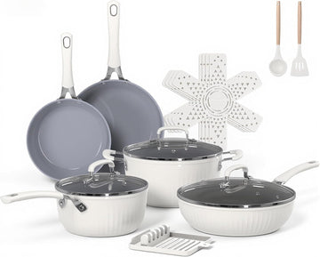 15-Piece Ribbed Ceramic Cookware Set, Pots and Pans Set Non Stick, Induction Ready, Healthy Non Toxic Kitchen Cooking