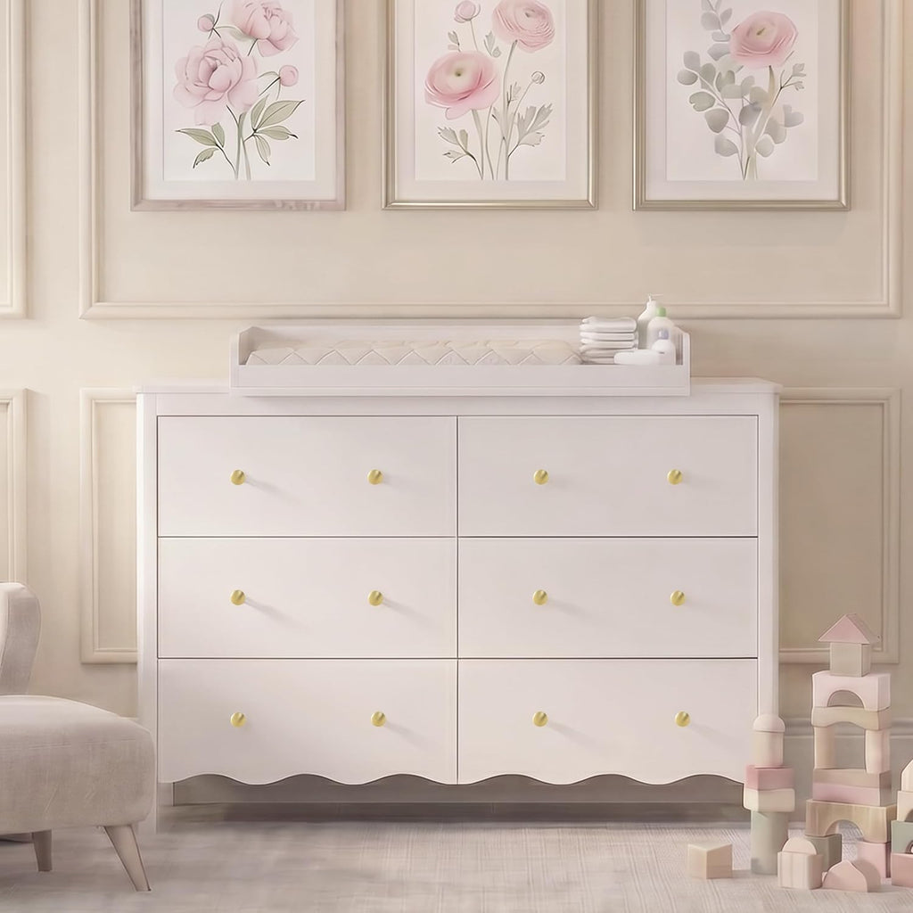 Nursery Dresser with Baby Changing Table White | Wooden Dresser Kids Dresser with 6 Drawer Dresser Baby Dresser
