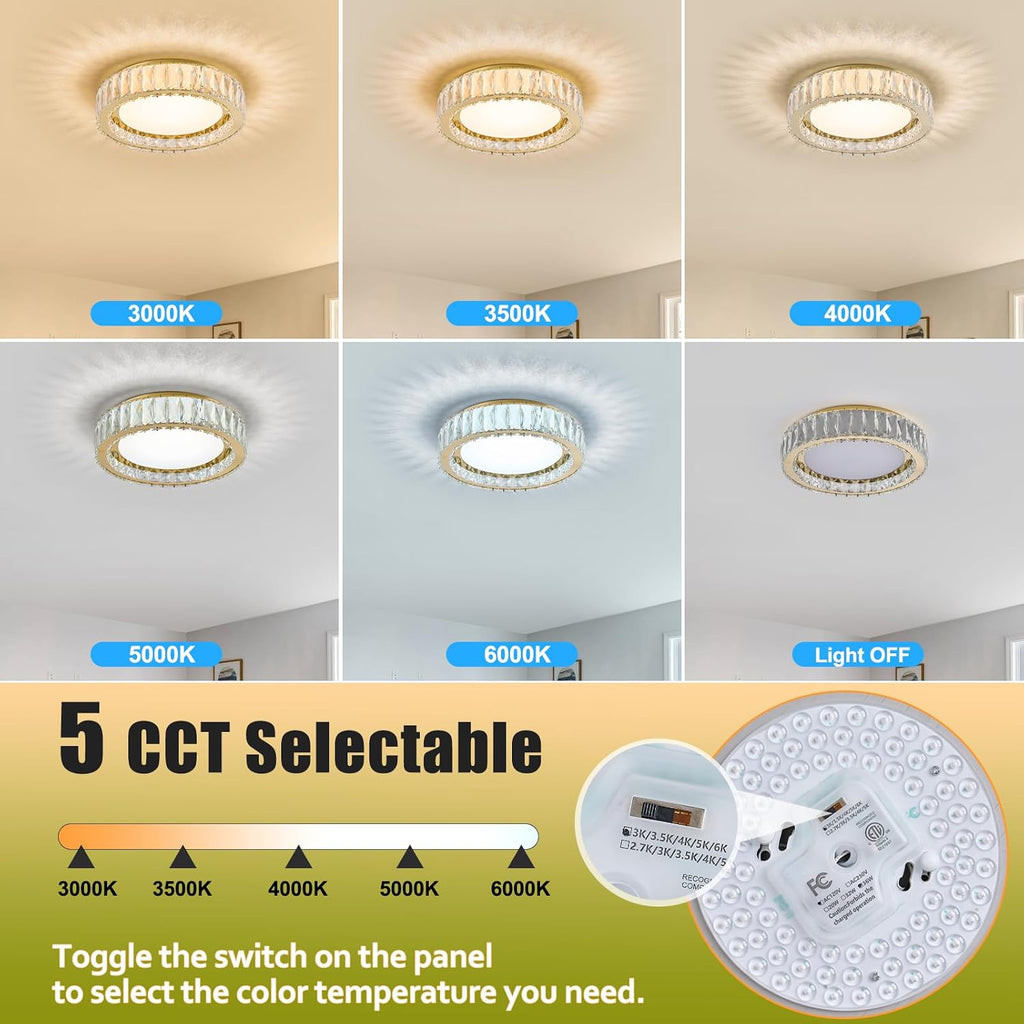 15 Inch Gold Modern Crystal Flush Mount Chandelier,Large Dimmable LED 5CCT 3000K-6000K 36W Round Close to Ceiling