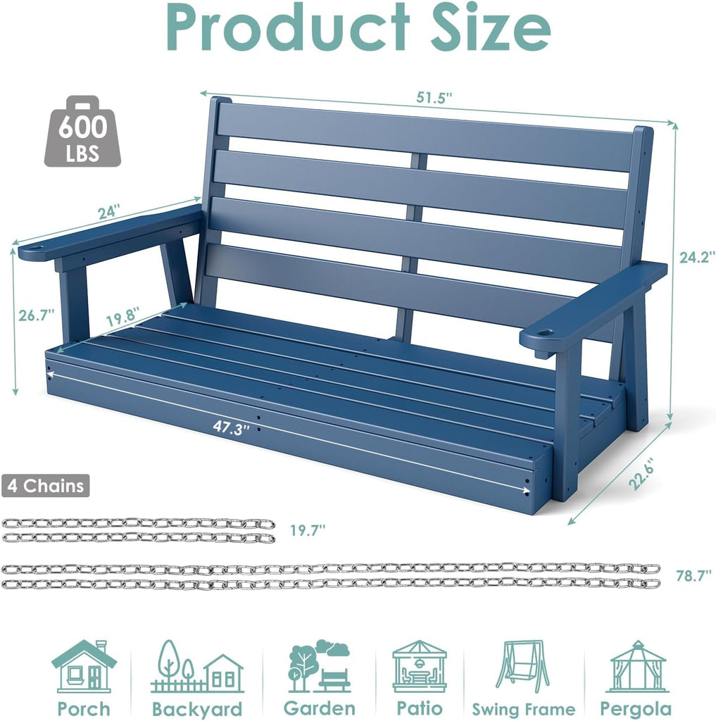 Outdoor Porch Swing | HDPE Plastic | 2-Person | Hanging Bench Swings | Weatherproof | 4 Stainless Steel Chains | Blue