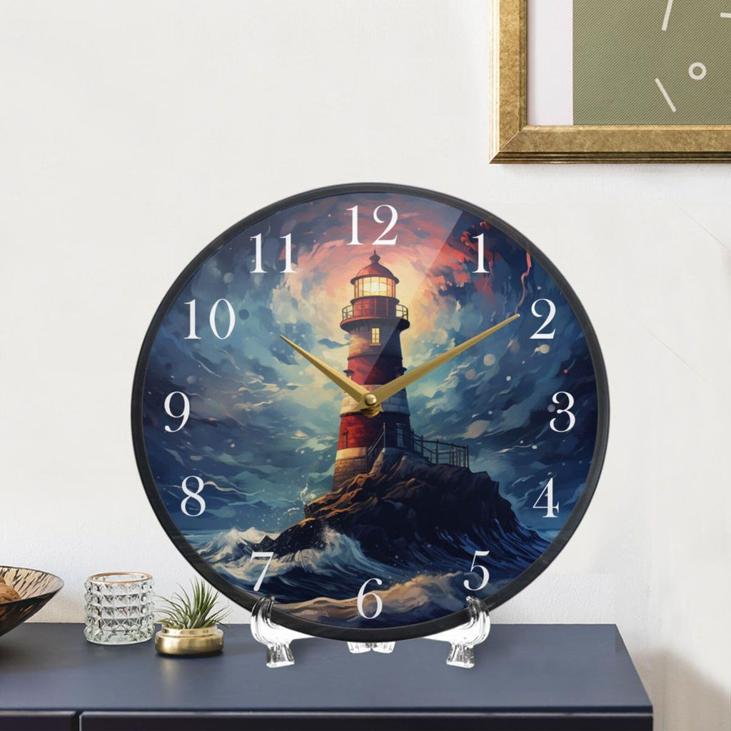 Nautical Lighthouse Starry Night Wall Clock Non Ticking Silent Battery Operated Round Decorative Clock Living Room