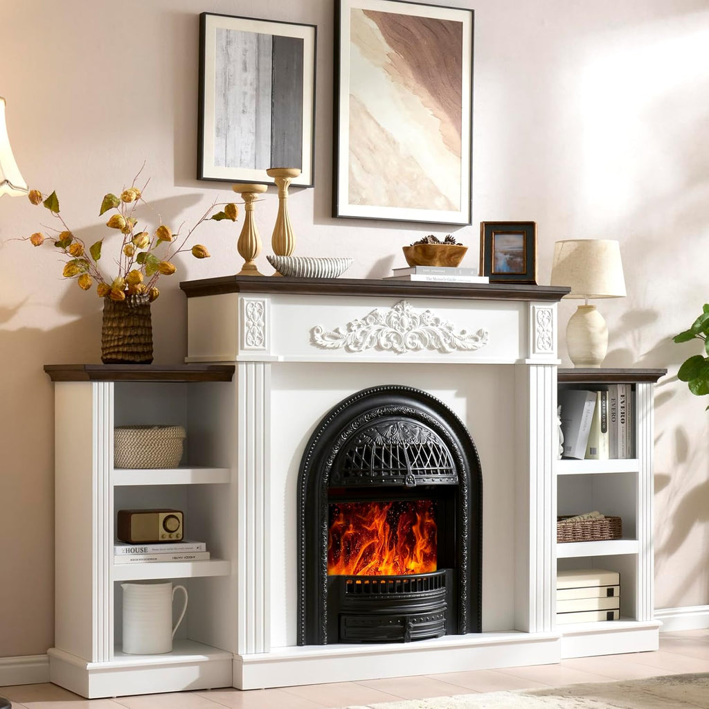 78 Inch Birdcage-Style Electric Fireplace TV Stand with Mantel, Farmhouse Entertainment Center for TVs up to 90 Inches, Storage Cabinets and Replaceable Insert Heater, White and Walnut